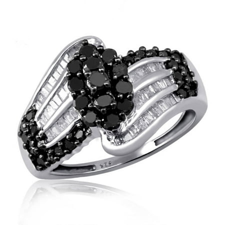 JewelersClub 1.00 CTW Round & Baguette cut Black & White Diamond Bypass Sterling Silver Ring