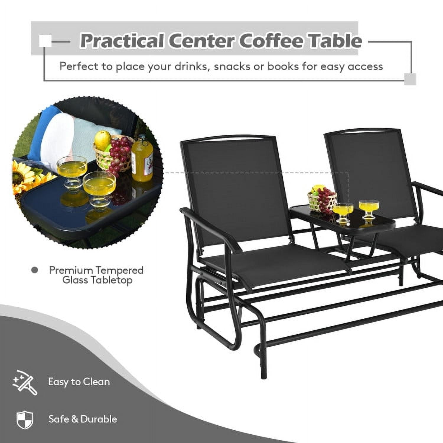 Aimee Lii Outdoor Patio Furniture Set, 2-Person Double Rocking Loveseat with Mesh Fabric and Center Tempered Glass Table, Black