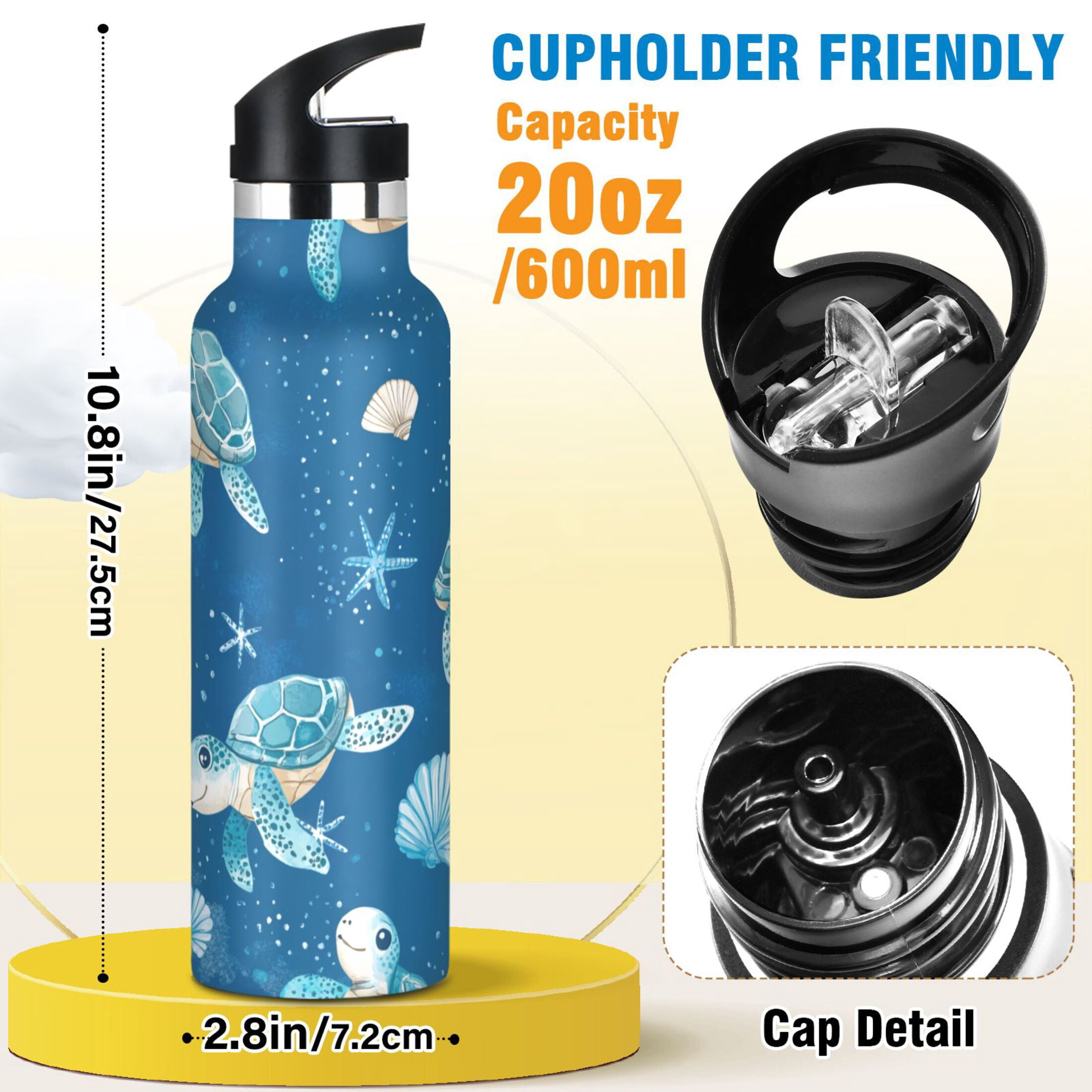 Kids Insulated Stainless Steel Sports Water Bottle 600ml (20oz) Cute Turtles Pattern