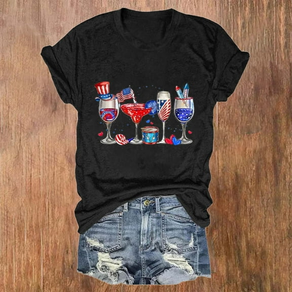Women's Short Sleeve T-shirt Happy 4Th Of July Wine Glasses Usa Flag Drinking Party Women T Shirt,Black Women's Short sleeve T-shirt 3XL