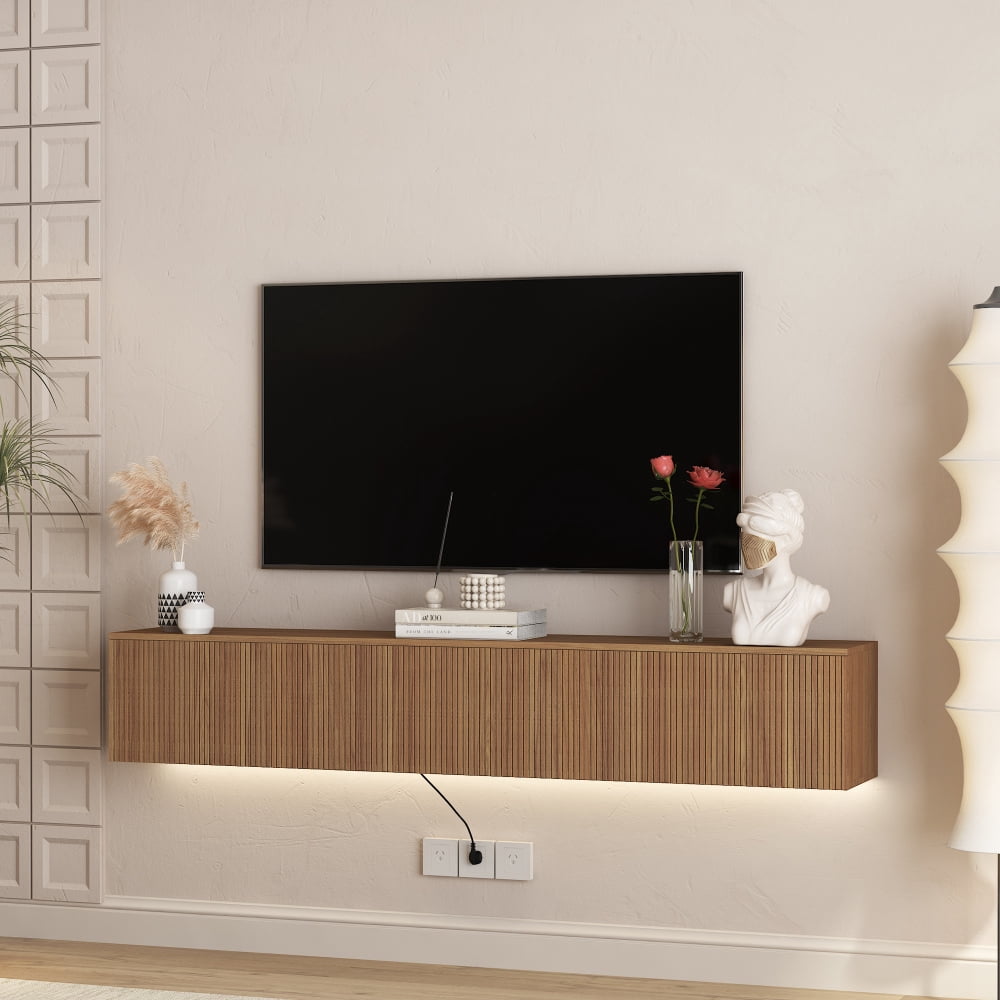 67" Floating TV Stand with 16-Color LED Lights, Wall Mounted Entertainment Center for 55/60/65 Inch TVs, Wood Finish
