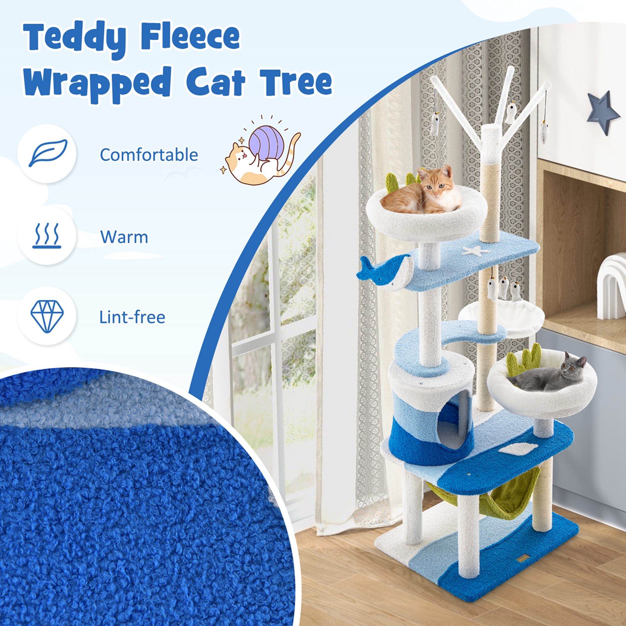 Costway Petsite Ocean-themed Cat Tree with Sisal Covered Scratching Posts Condo Perch Indoor Tower