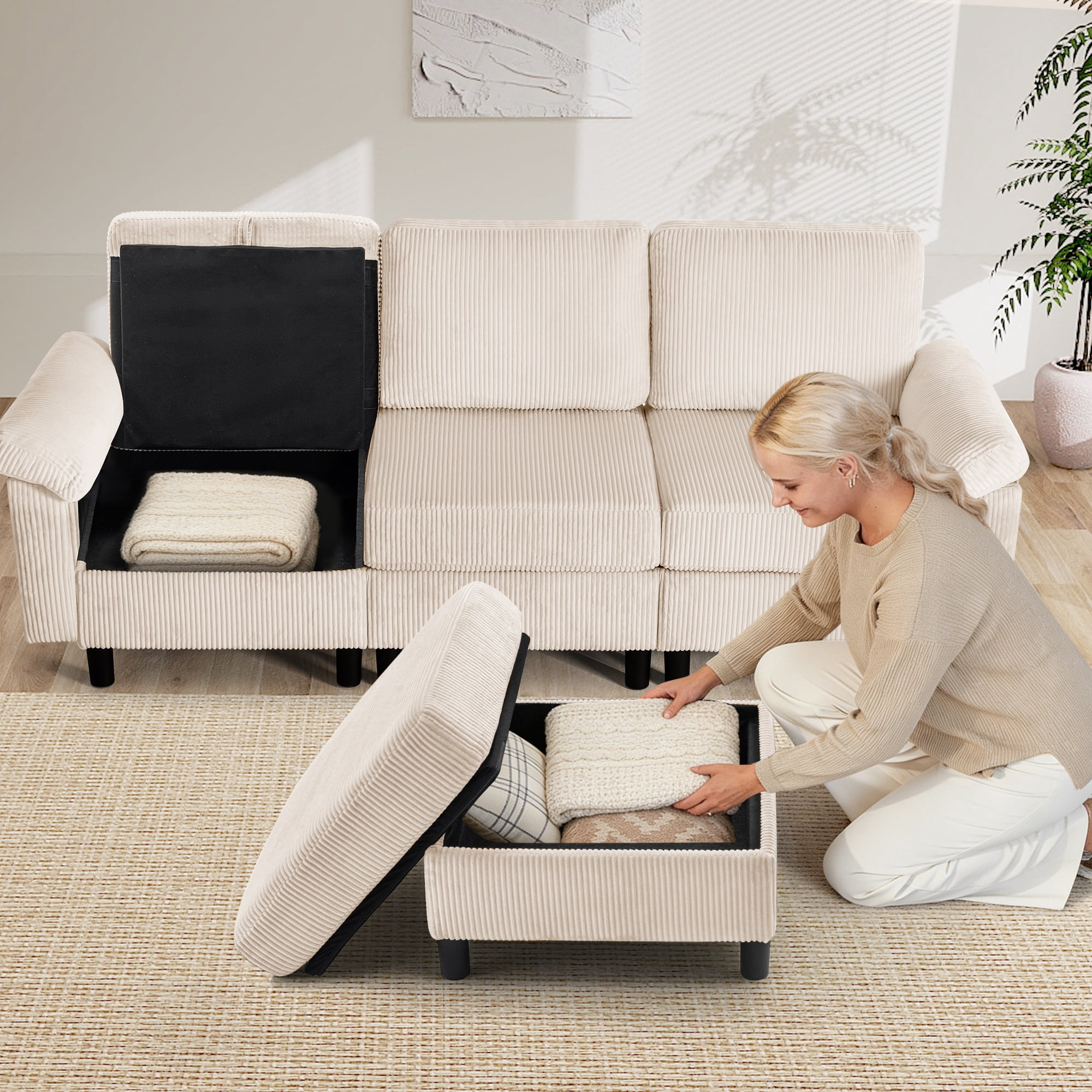 AUNEKIV Modular Sectional Sofa with Movable Ottoman, L-Shape 3-seat Storage Couch for Living Room, Beige