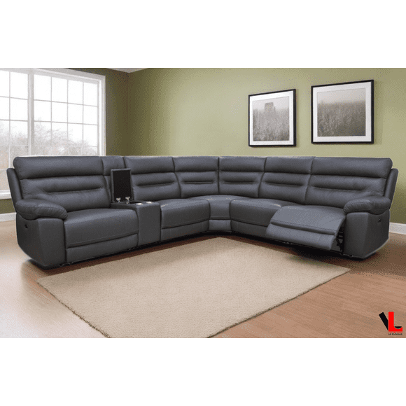 Levoluxe Aura Corner Sectional Sofa with Console and Power Recliners in Charcoal Faux Leather