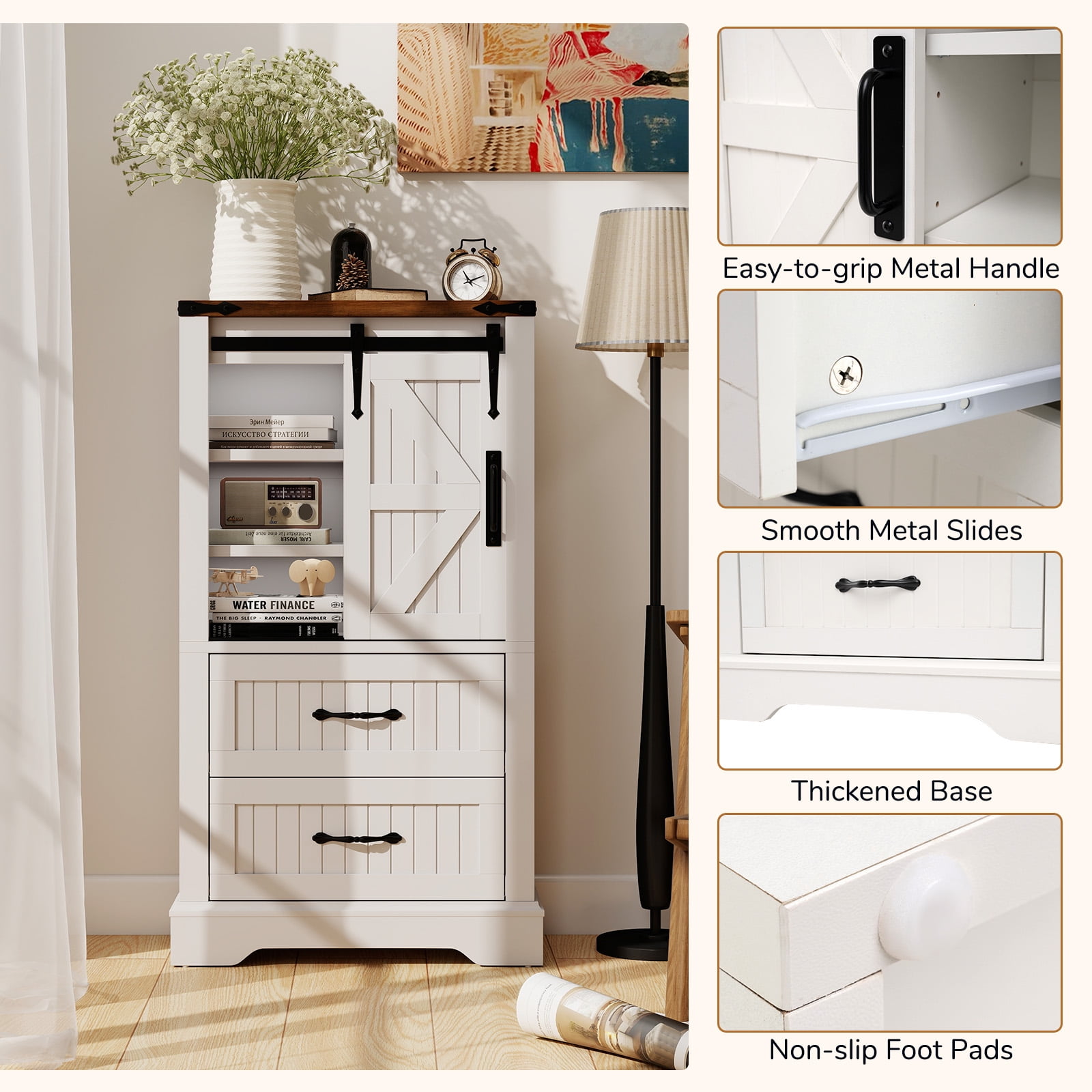 Gymax Farmhouse Bathroom Floor Cabinet w/Sliding Door Adjustable Shelves & 2 Drawers