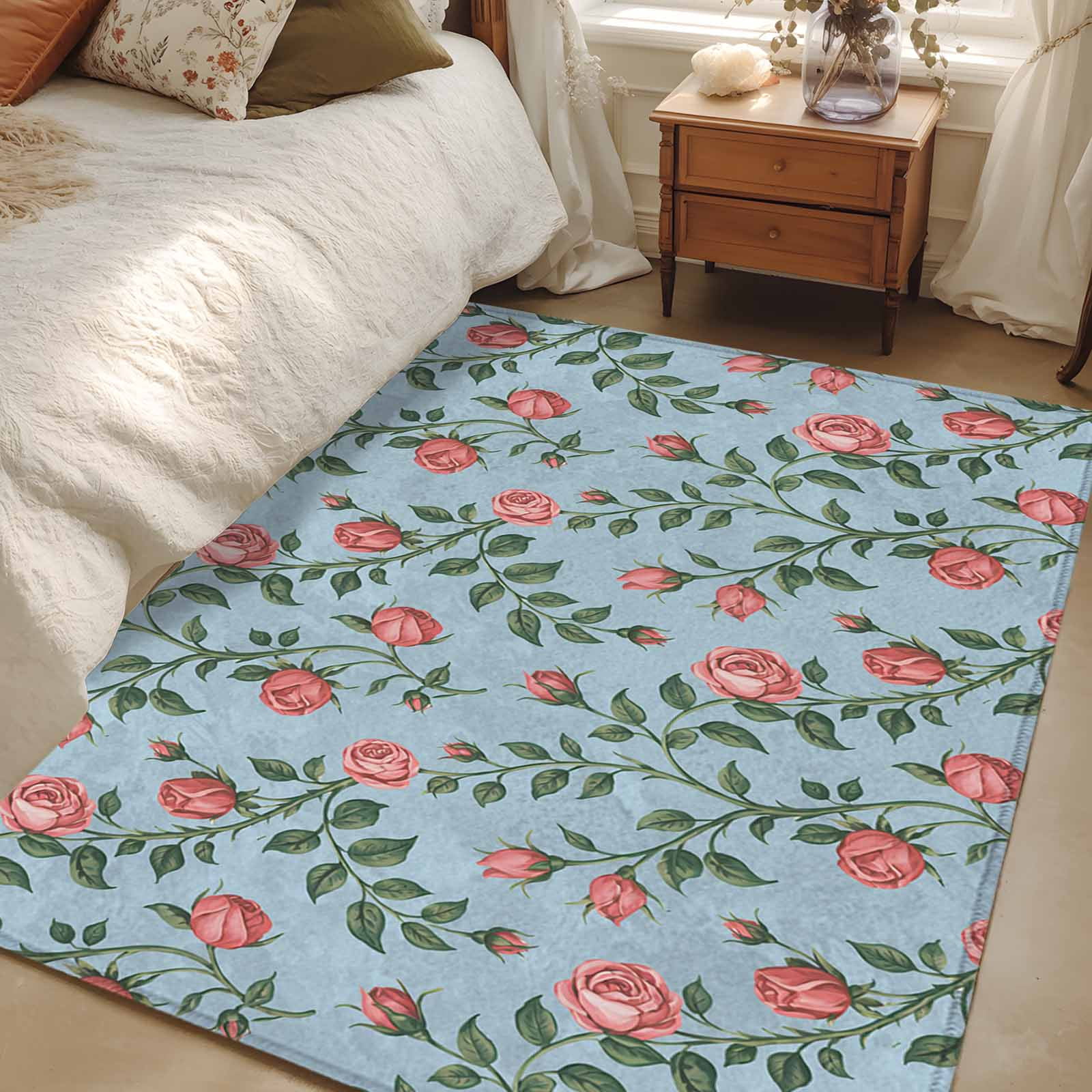 3'x5' Area Rugs, Spring Roses Botanical Indoor Outdoor Area Rug for Living Room Bedroom, Farmhouse Floral Blue Washable Bathroom Rugs Kitchen Floor Carpet Mats Home Decor Aesthetic