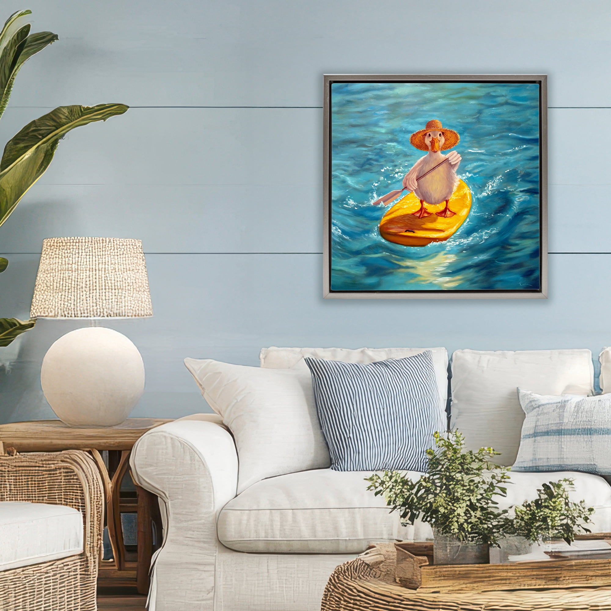 Stupell Industries The Paddler Duck with Straw Hat Gray Framed Floater Canvas Wall Art, design by Lucia Heffernan