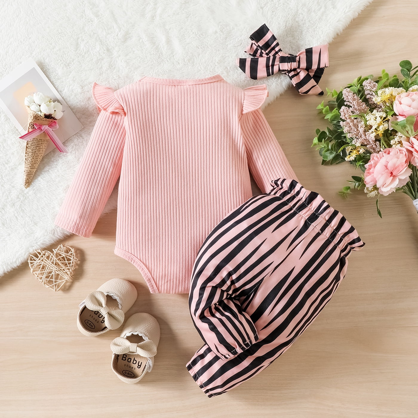 3-piece Baby Girl Animal Tree Print Long-sleeve Top, Striped Patchwork Pants and Solid Cap Set
