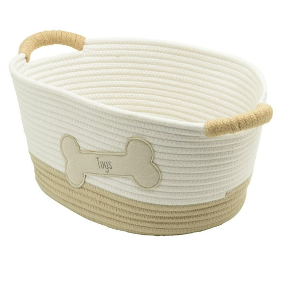 Cotton Rope Storage Basket, Pet Theme with Dog Bone Shaped Toys Patch, Oval, White