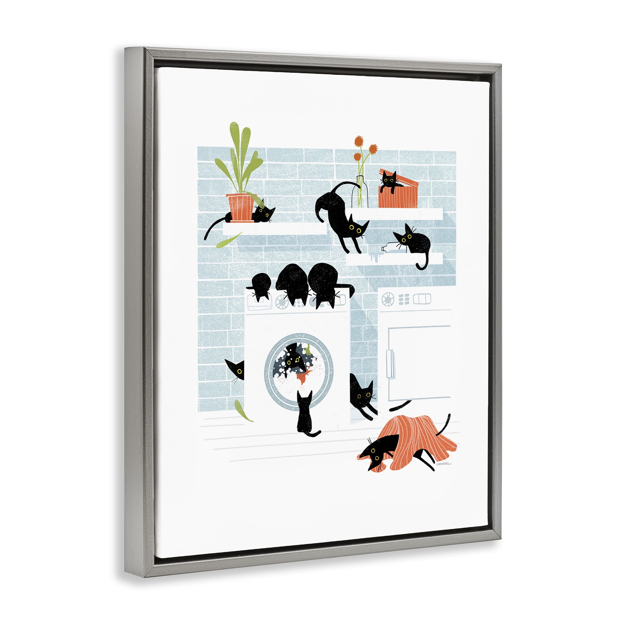 Stupell Industries Black Cats in Laundry Bath & Laundry Painting Gray Floater Framed Canvas Art Print Wall Art, 25 x 31