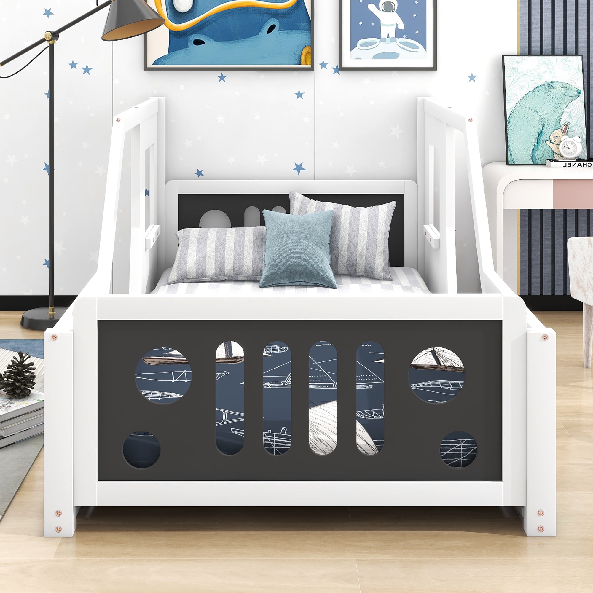 Euroco Car-Shaped Twin Size Platform Bed for Kids’ Bedroom, Solid Car Bed for Gift,Low Profile,White