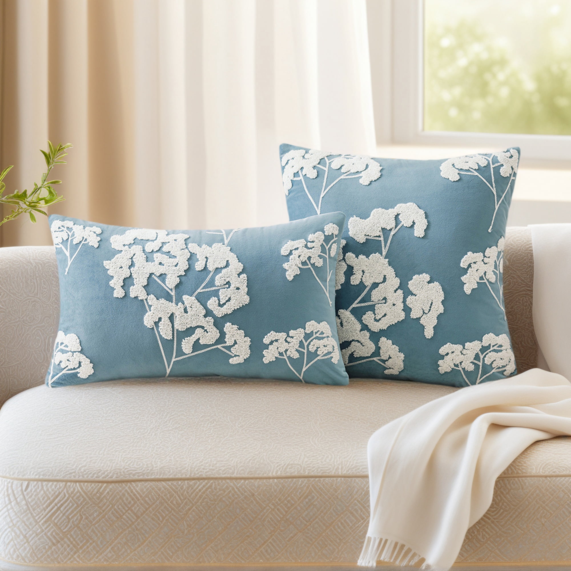 Unique Bargains Velvet Throw Pillow Covers with Blossom Pattern Pack of 2 Blue 18" x 18"