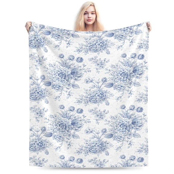 Floral Fuzzy Blanket Blue Flower Throw Blanket Decorative Soft Cozy Flannel Blanket for Home Bed Sofa Couch Chair 50x40