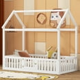 thumbnail image 4 of Harper & Bright Designs House Floor Bed with Fence & Roof, Twin Size Wood Playhouse Bed Frame wih Rails & Door for Boys Girls, White, 4 of 11
