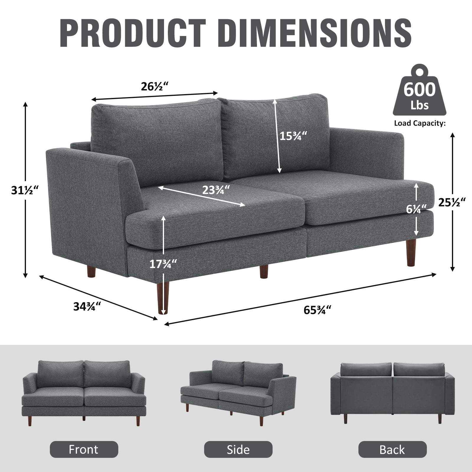 Furniliving 65" Upholstered Loveseat Sofa, Love Seat Small Couches, Extra Deep 2-Seat Small Sofa for Living Room, Bedroom, Apartment,Gray