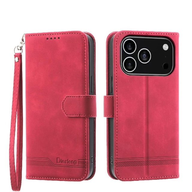 Wallet Case for iPhone 17 Pro Flip Phone Case with Card Slots, Cash Pocket, Kickstand, Magnetic Closure & Wrist Strap, TPU Soft Shell Cover Red