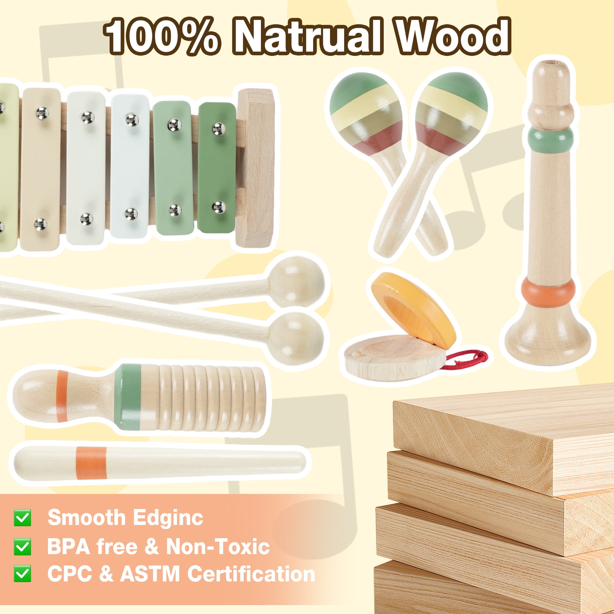 JBeeCtrl Toddler Musical Instruments Set Wooden Montessori Toys for Toddlers 1-3 Year Old Girls Boys Neutral Colors Percussion Instruments Set for Kids Preschool Educational Birthday Gifts