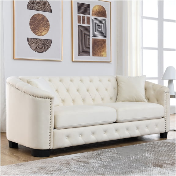 JERFIT 77" Beige Velvet Chesterfield Sofa with Tufted Back and Nailhead Trim for Living Room, 3-Seater Couch