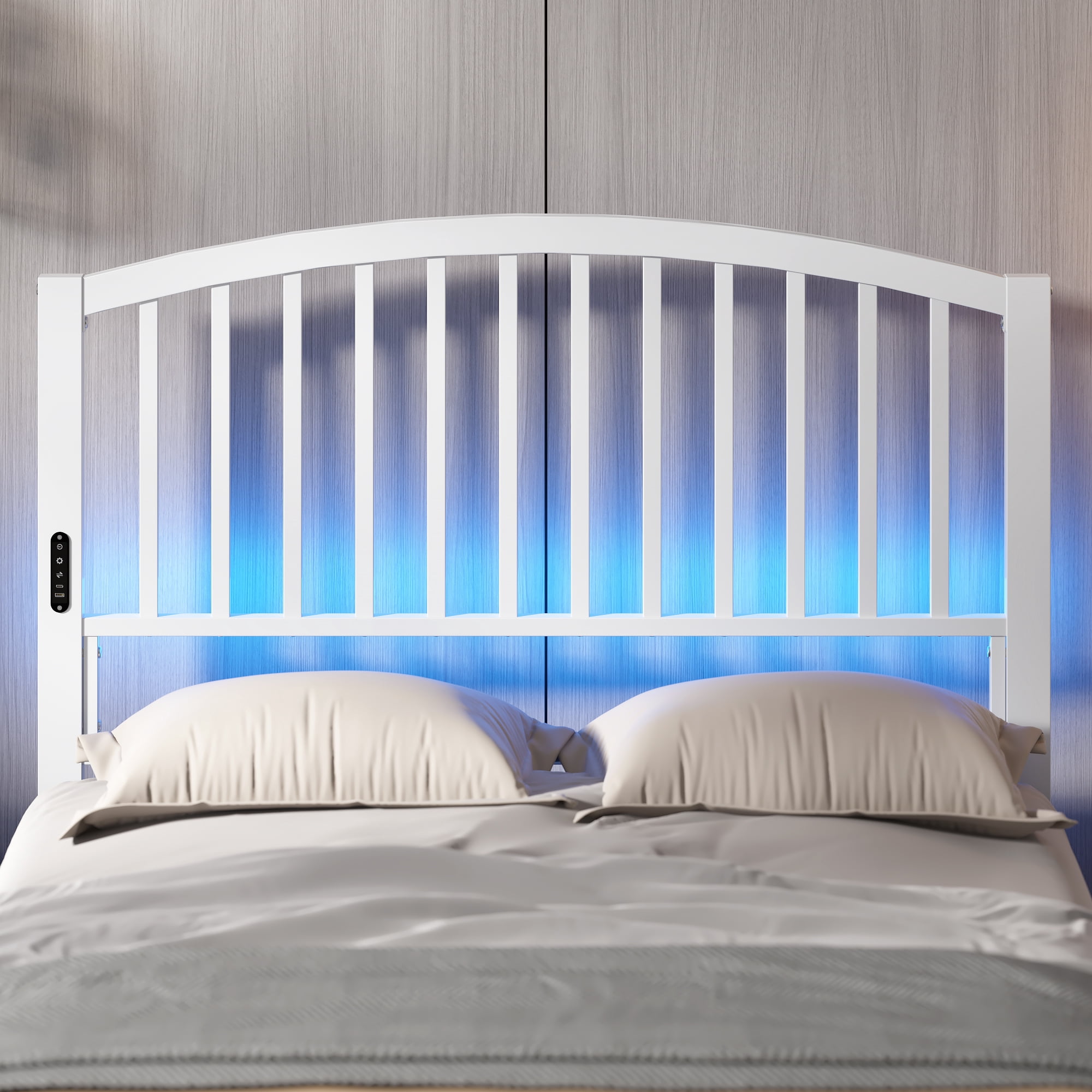 Yoneston 46.76” High Arc Metal Full Size Headboard with LED Light & Charging, Height Adjustable Metal Platform Bed Headboard – White