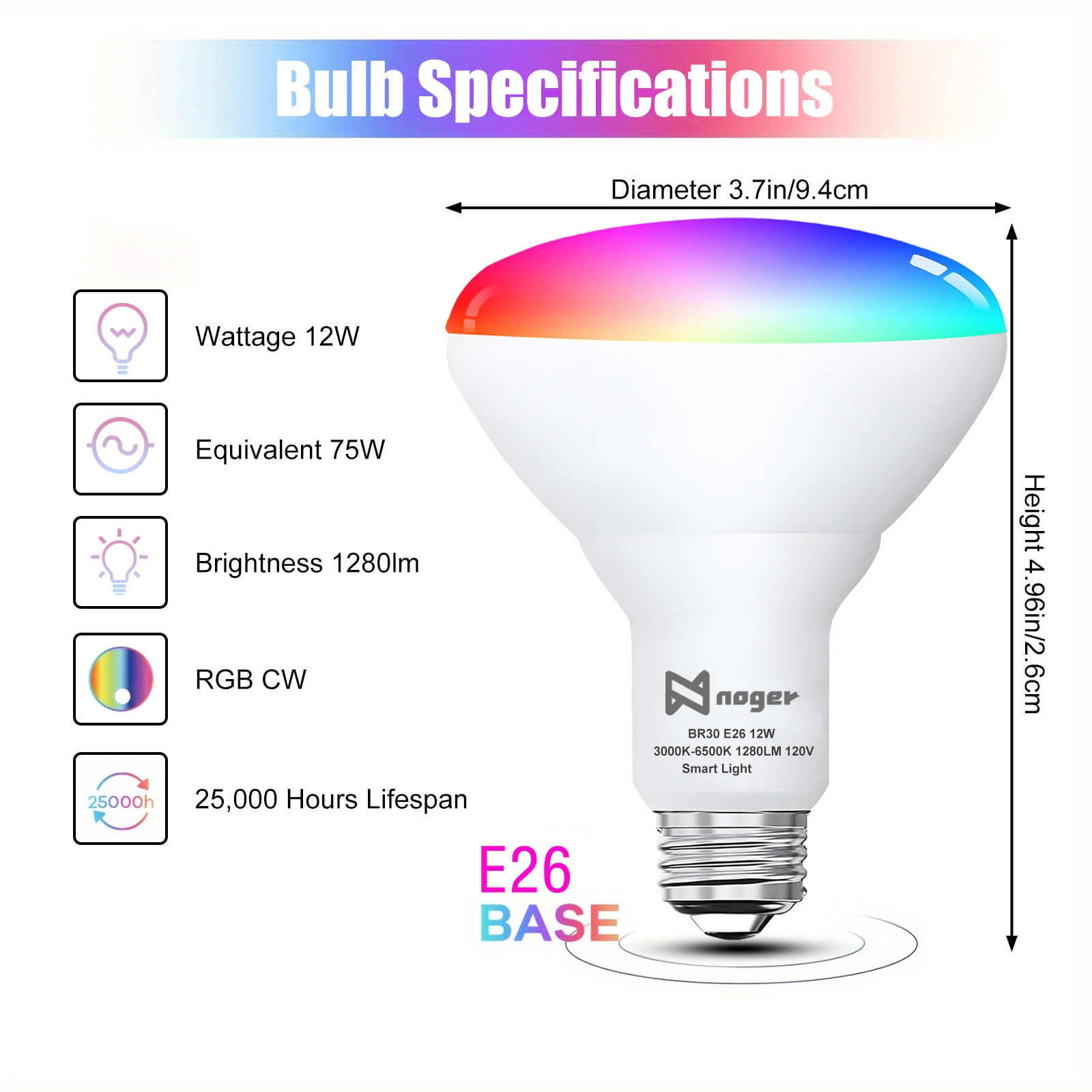 Noger Smart Light Bulbs, Bluetooth Smart Bulb with Music Sync, 1280 Lumens Dimmable BR30 LED Flood Light Bulbs, RGBCW Color Changing Light Bulbs, 12W (75W Equivalent), 16 Million Colors, 2 Pack