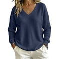 thumbnail image 2 of ClodeEU Women's V Neck Long Sleeve Waffle Tunic Top,Casual Loose Pullover Blouse Navy,Women's Plus S, 2 of 8