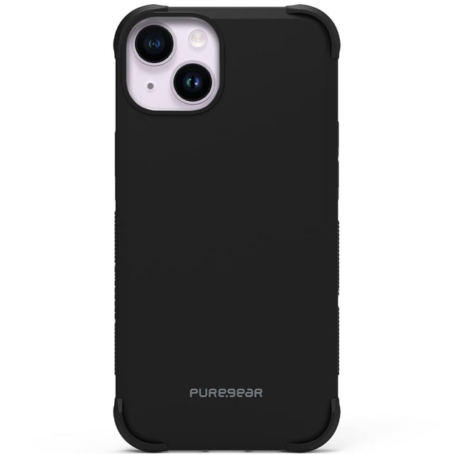 funda para iphone 14 plus puregear dualtek negro. Vista trasera centrada de carcasa negra mate con esquinas reforzadas visibles, cortes precisos para cámara dual y logo PureGear abajo; diseñada para protección contra impactos según especificaciones y compatible con carga inalámbrica. Su tamaño la hace adecuada también para uso en bolsillos o como funda de transporte compacta.