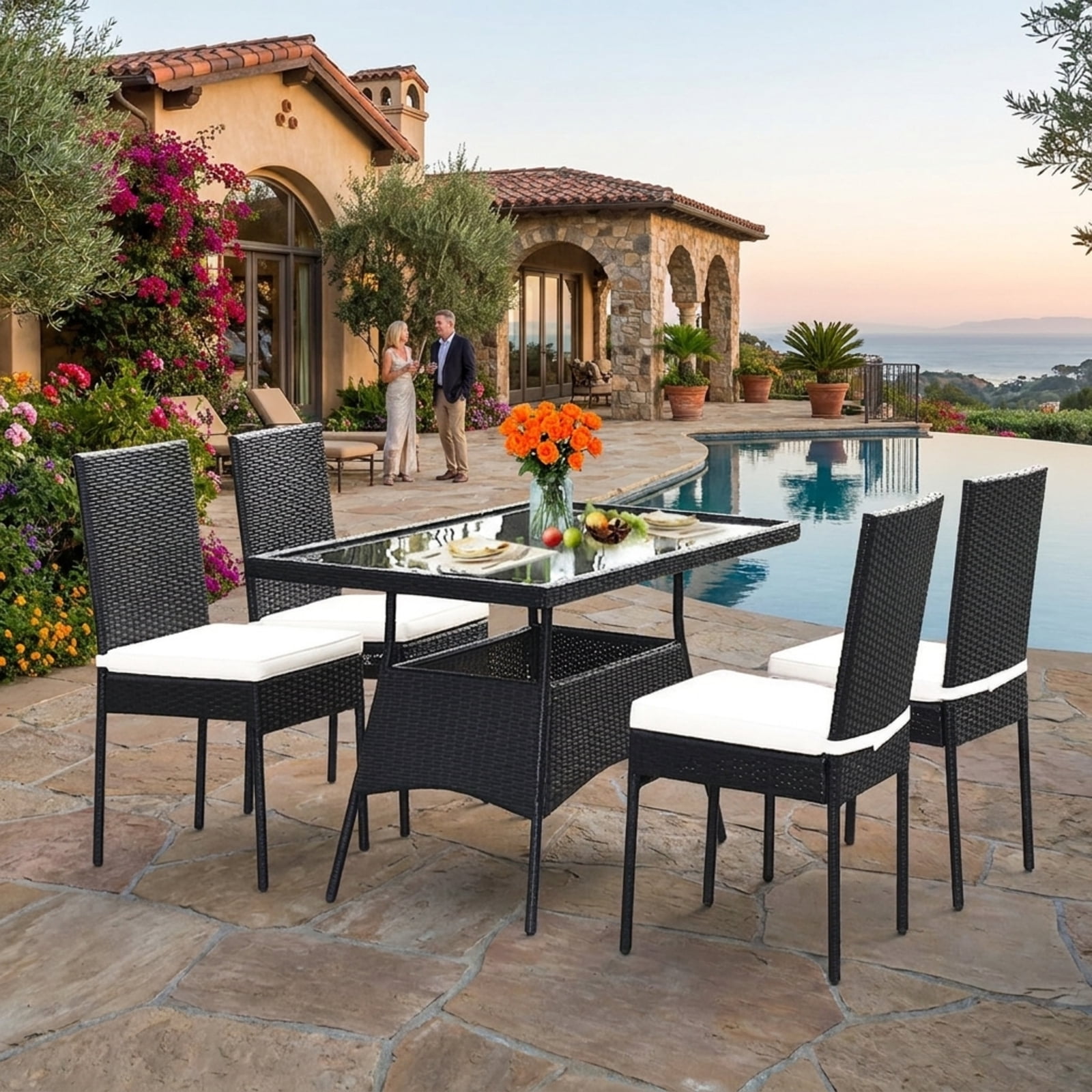 Furnibear 5 Piece Outdoor Patio Rattan Dining Set Wicker Conversation Furniture Set with Glass Top Table and Cushions, Black