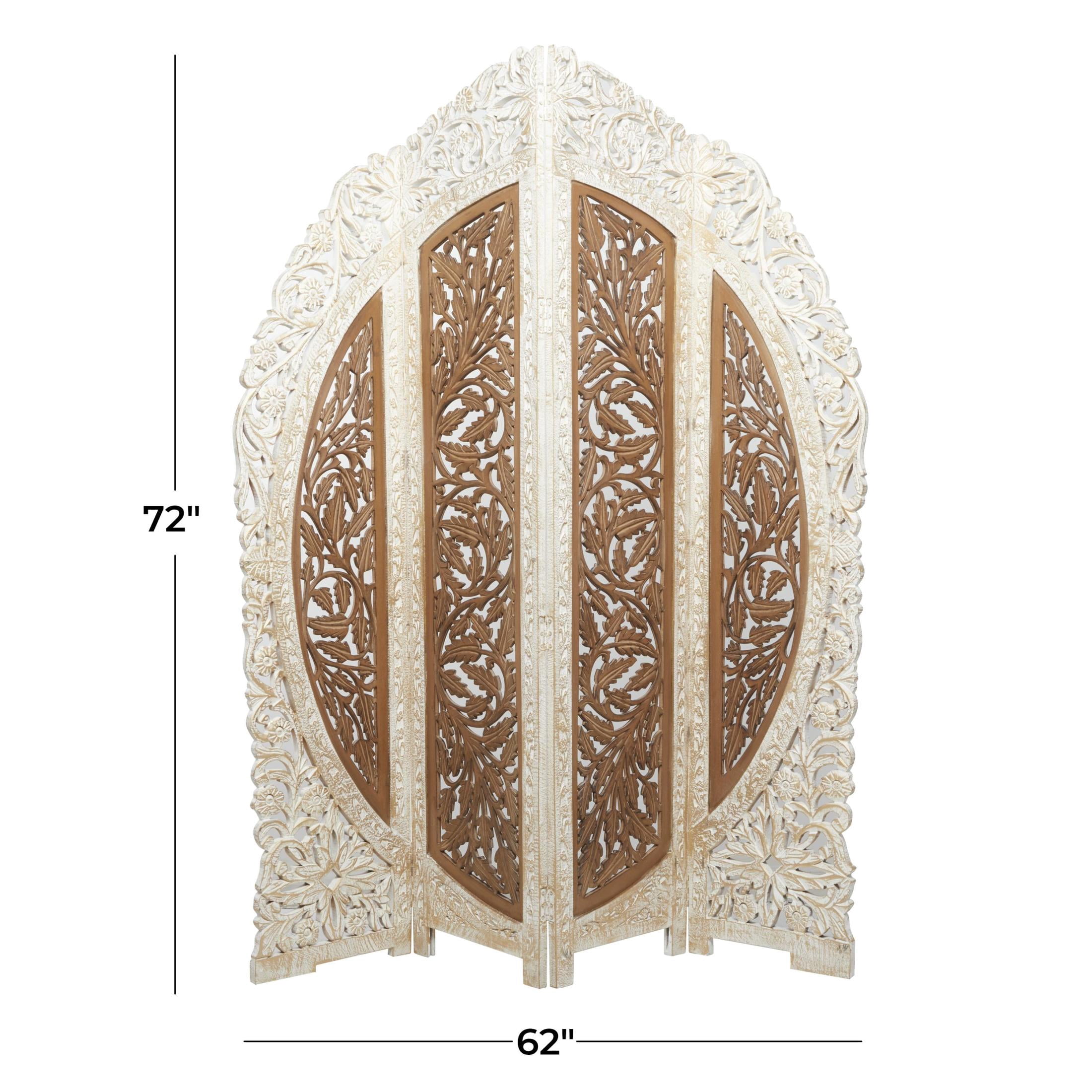 DecMode French Country Wood Foldable 4 Panel Room Divider Screen with Floral Carvings and Brown/White Distressed Finish, 62"W x 72"H