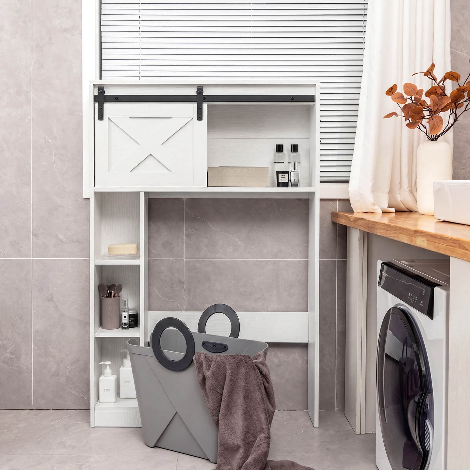 Costway Over the Toilet Bathroom Storage Cabinet with Sliding Barn Door & Shelves White