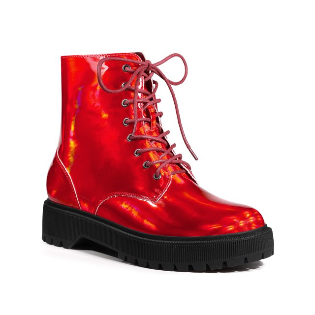 Unique Bargains Bottines de Combat Colorées à Lacets à Plateforme à Bout Rond pour Femme Rouge (Taille 7,5)