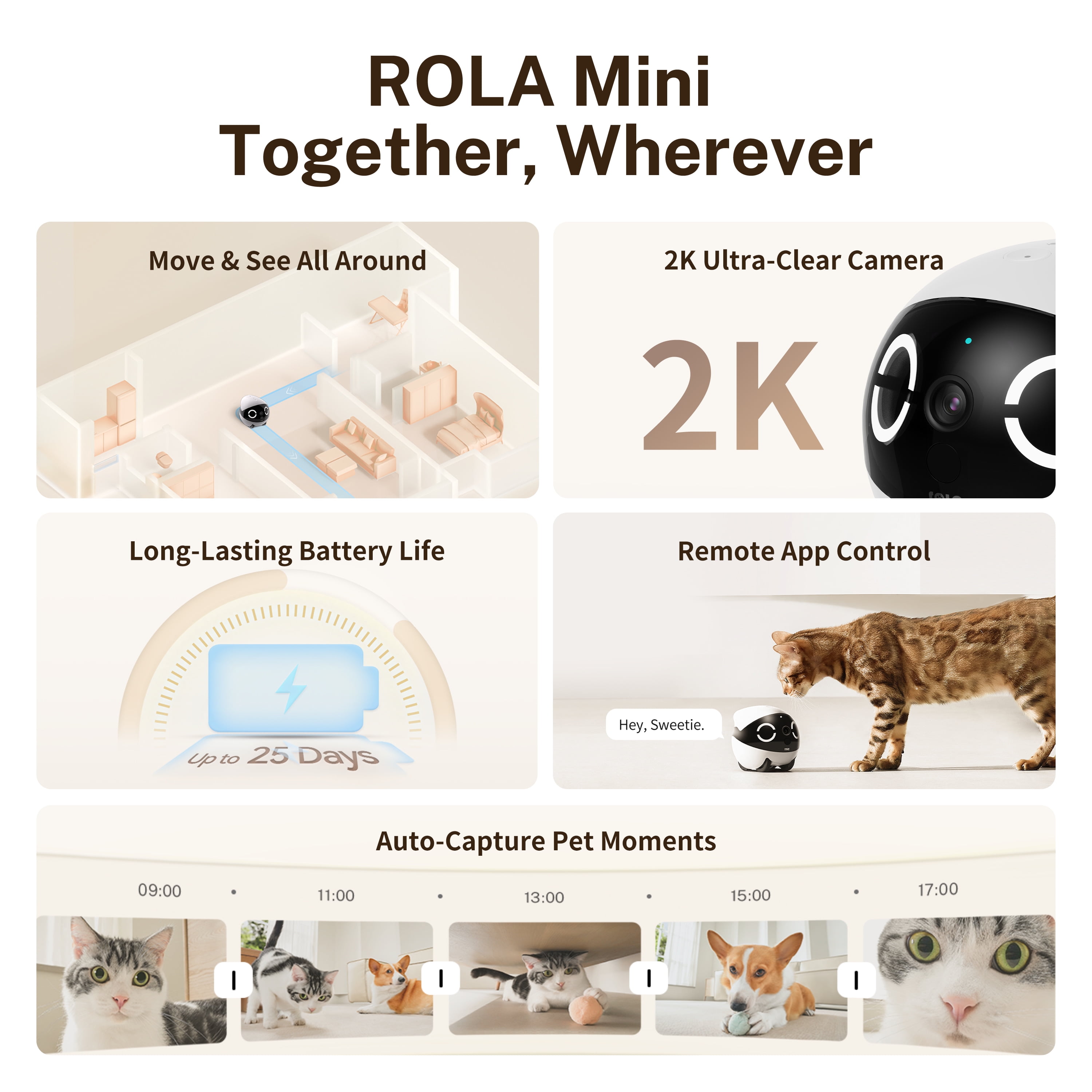 Enabot ROLA Mini 2K Pet Camera Robot: Movable Indoor Camera Battery-Powered with Phone App, One-Touch Call, 2-Way Talk, IR Night Vision, Motion Detection, Video Recording
