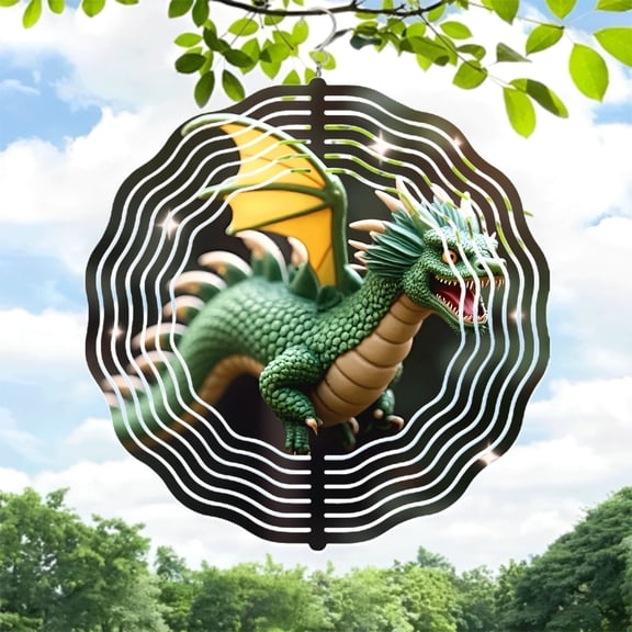Dynamic Green Dragon Metal Wind Spinner - Fantasy Design with Yellow Wings Teeth for Yard & Garden Decor