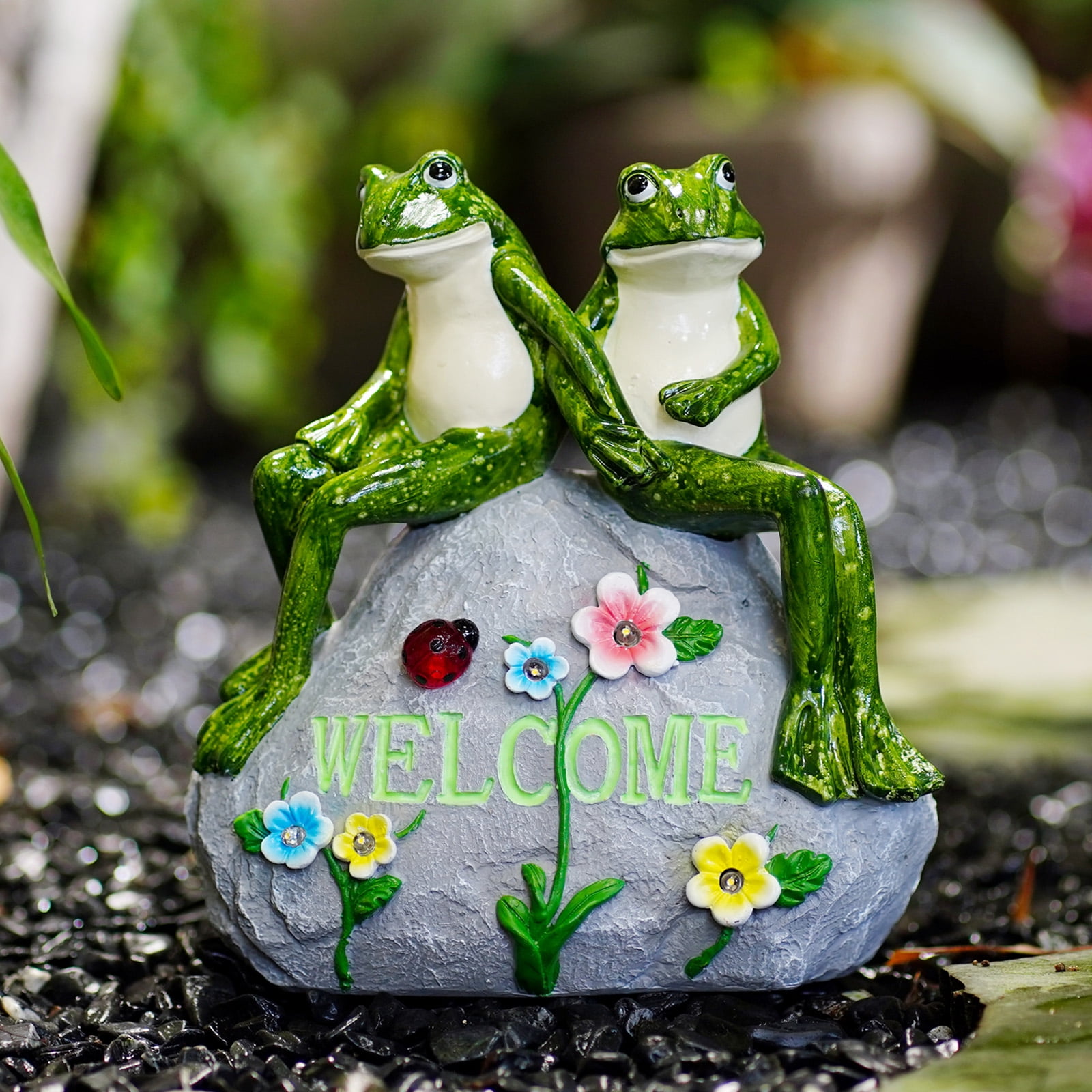 Goodeco Frog Statue Outdoor Decor -  Resin Happy Frog Couple on Solar Stone Figurines, Garden Frog Decor Summer Decorations, for Patio Yard Lawn  Ornament,Frog Gifts 8"