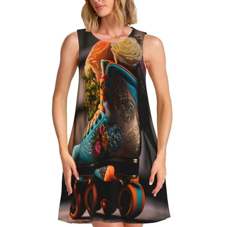 Tebeau Classic Floral Blue Skate Shoes Print Women s Sleeveless Dress  Loose Fit Summer Dress for Women  Casual Sleeveless Dress for Relaxed Comfort