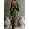 thumbnail image 2 of Army Green Womens Loose Off-Shoulder Maxi Dress With Textured Fabric, Relaxed Fit For Casual Or Vacation Wear, 2 of 3