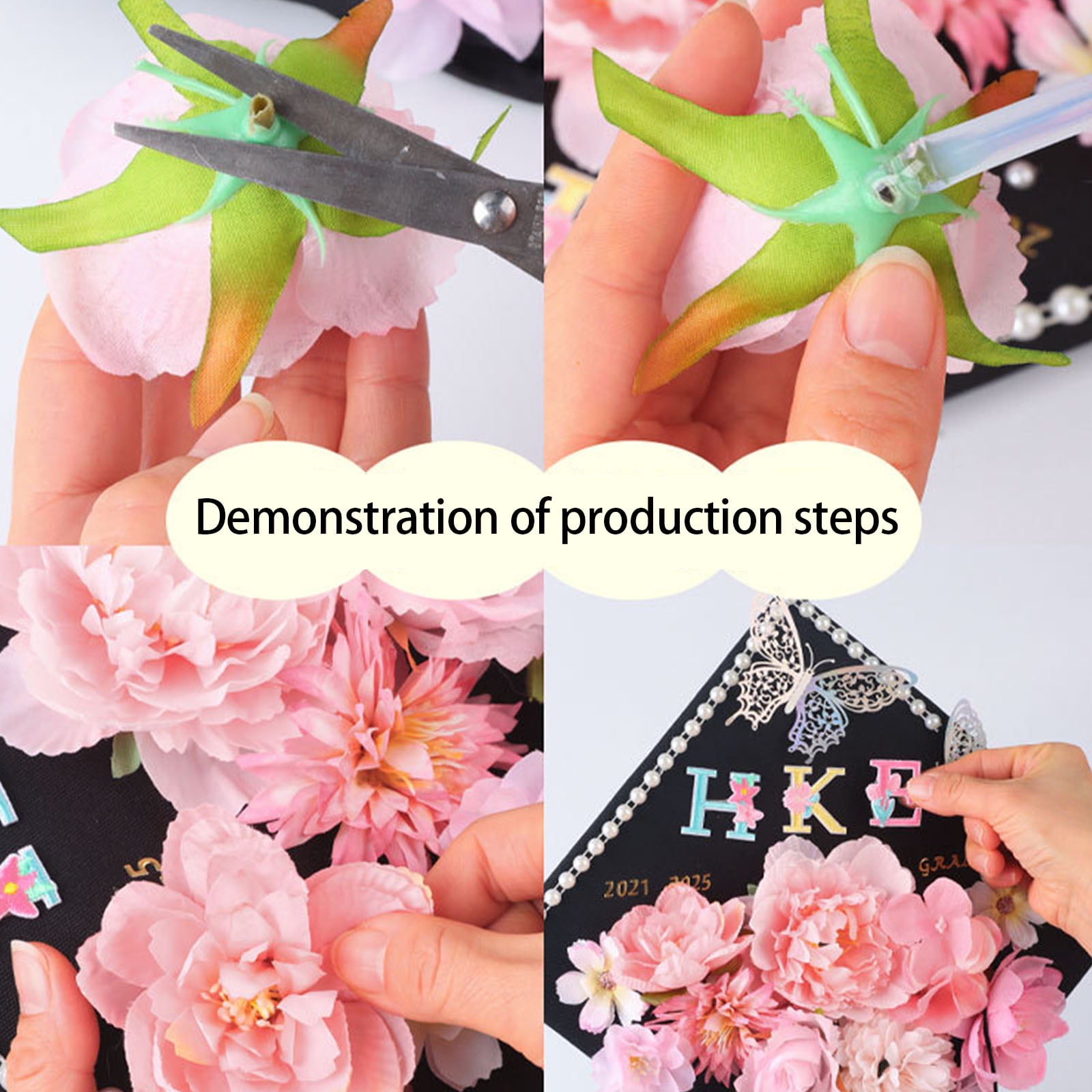 Graduation Hat Top Decoration Set With Butterfly Sticker Artificial Flower Pearls Chain For Art Craft Project