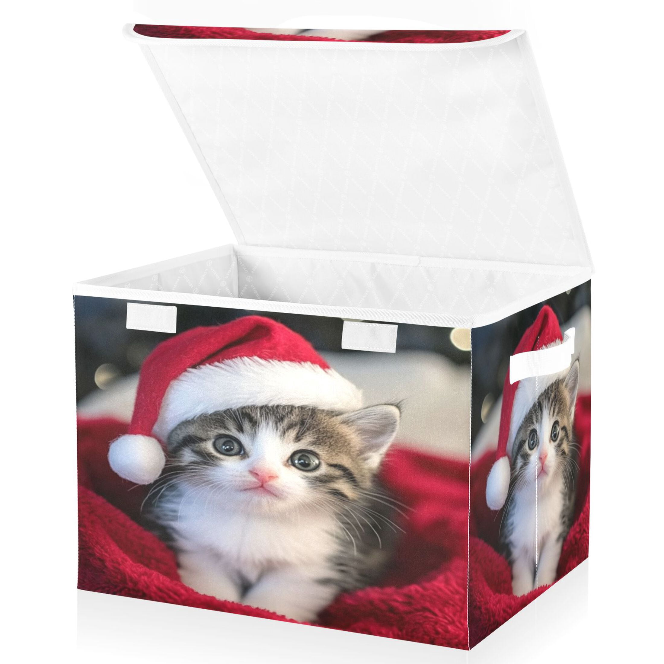 Storage Box With Lid 16.5x12.6x11.8In Foldable Stacked Household Storage Box Santa Hat Cat Picture