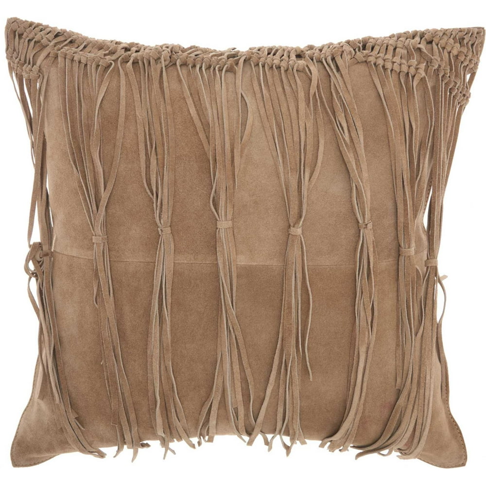 Nourison Couture Natural Hide Macrame Fringe Tassel Beige Throw Pillow