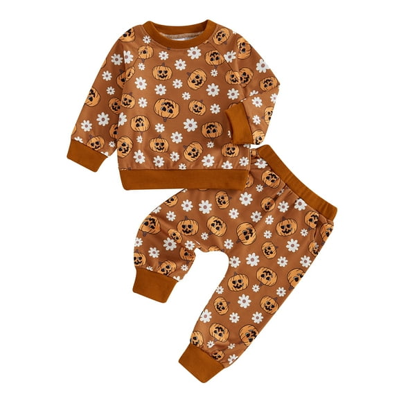 Elippeo Baby Girl Halloween Outfits Long Sleeve Pumpkin Floral Print Tops Pants Set Toddler Clothes 6 12 18 24 Months 3 4 Years