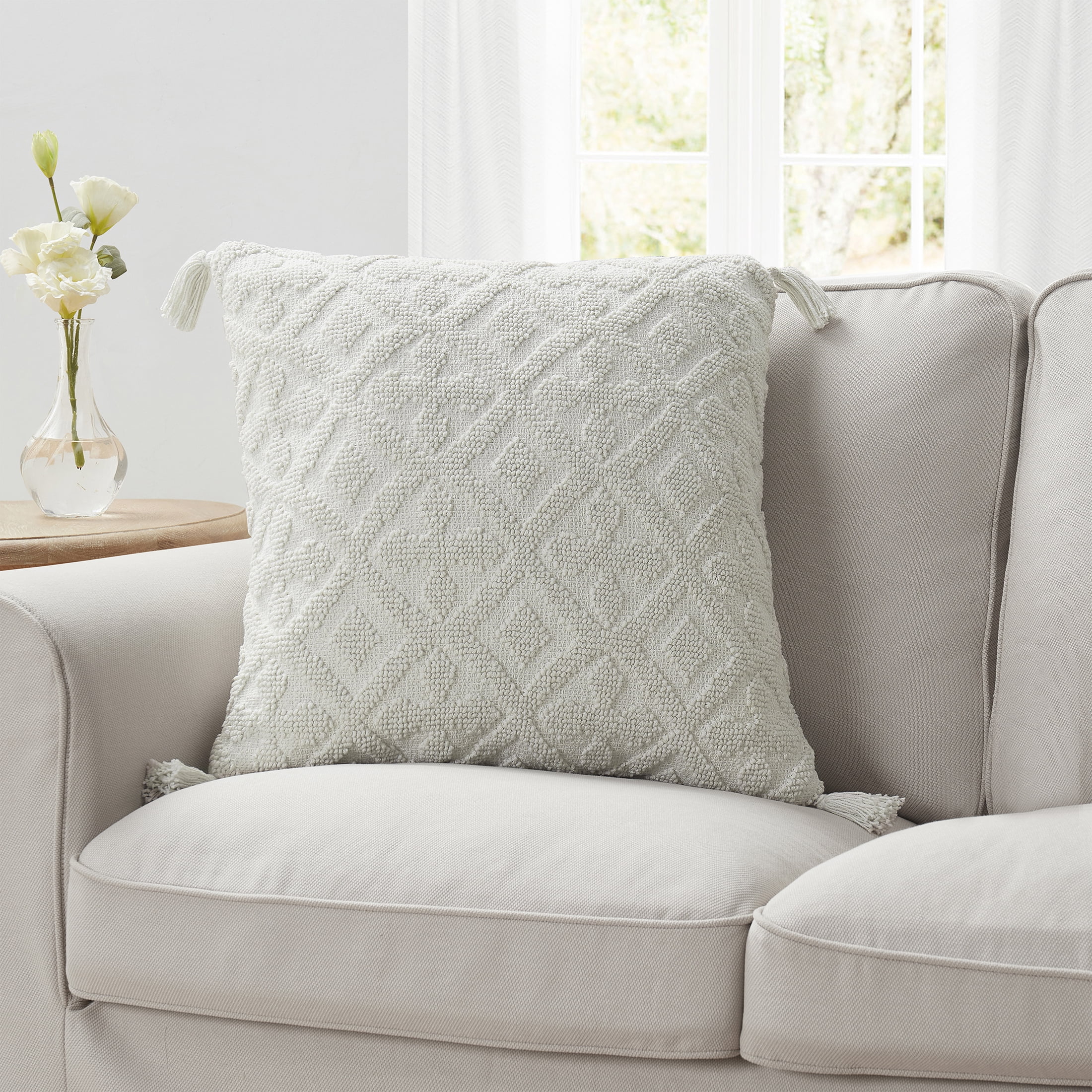 (2 pack) My Texas House Sutton Cotton Tufted Throw Pillow, 20"x20", Coconut Milk