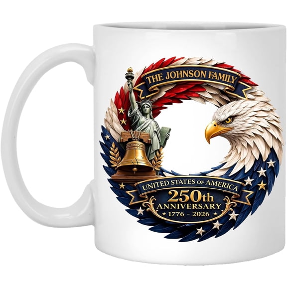 Custom 250th USA Anniversary Coffee Mug, Personalized America 4th of July Commemorative 11oz 15oz Ceramic Cup, Independence Day Patriotic Gift A03