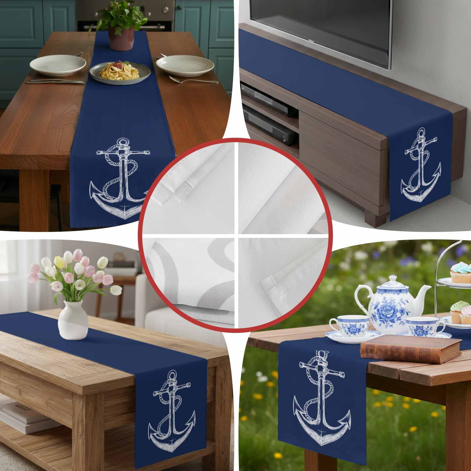 Nautical Sailing Anchor String Sketch Table Runner 90 Inches Long, Marine Navy Blue White Table Runners Tabletop Scarf Kitchen Dining Tables Decoration for Home Party Indoor Outdoor