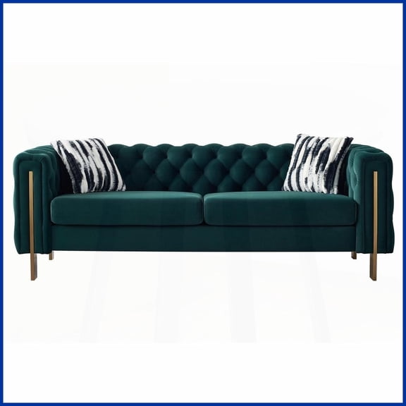 Modern Tufted Velvet Chesterfield Sofa - 84.25''W Green Living Room Couch with Gold Metal Legs