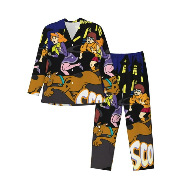 Pofeuu Scooby-Doo Pattern Men's Long-Sleeved Pajama Set with Button Front and Side Pockets Soft Comfortable Sleepwear for Lounging and Relaxing-Large