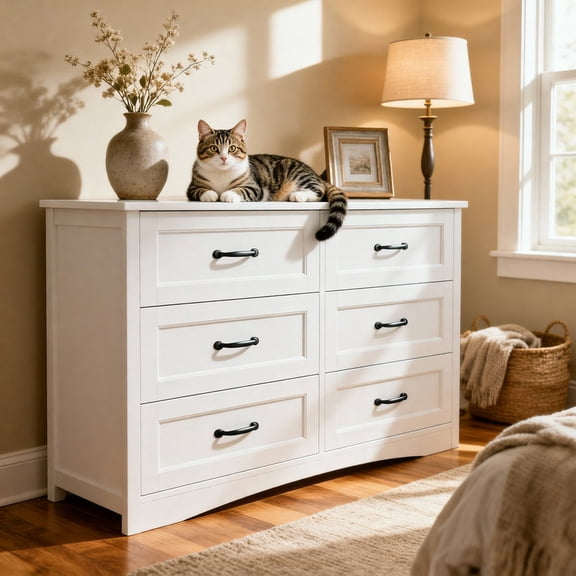 6 Drawer Dresser for Bedroom, Aiho Chest of Drawers with Metal Handle & Anti-Tip Storage Cabinet for Living Room, Nursery, Hallway, White