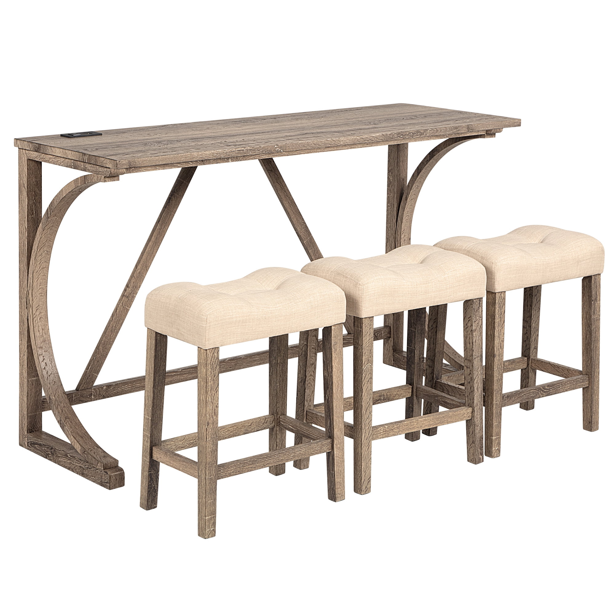Gewnee 4 Piece Bar Table Set,Counter High Bar Table Set with Power Outlet and 3 Linen Chairs,Industrial Breakfast Table for Kitchen,Living Room.Brown