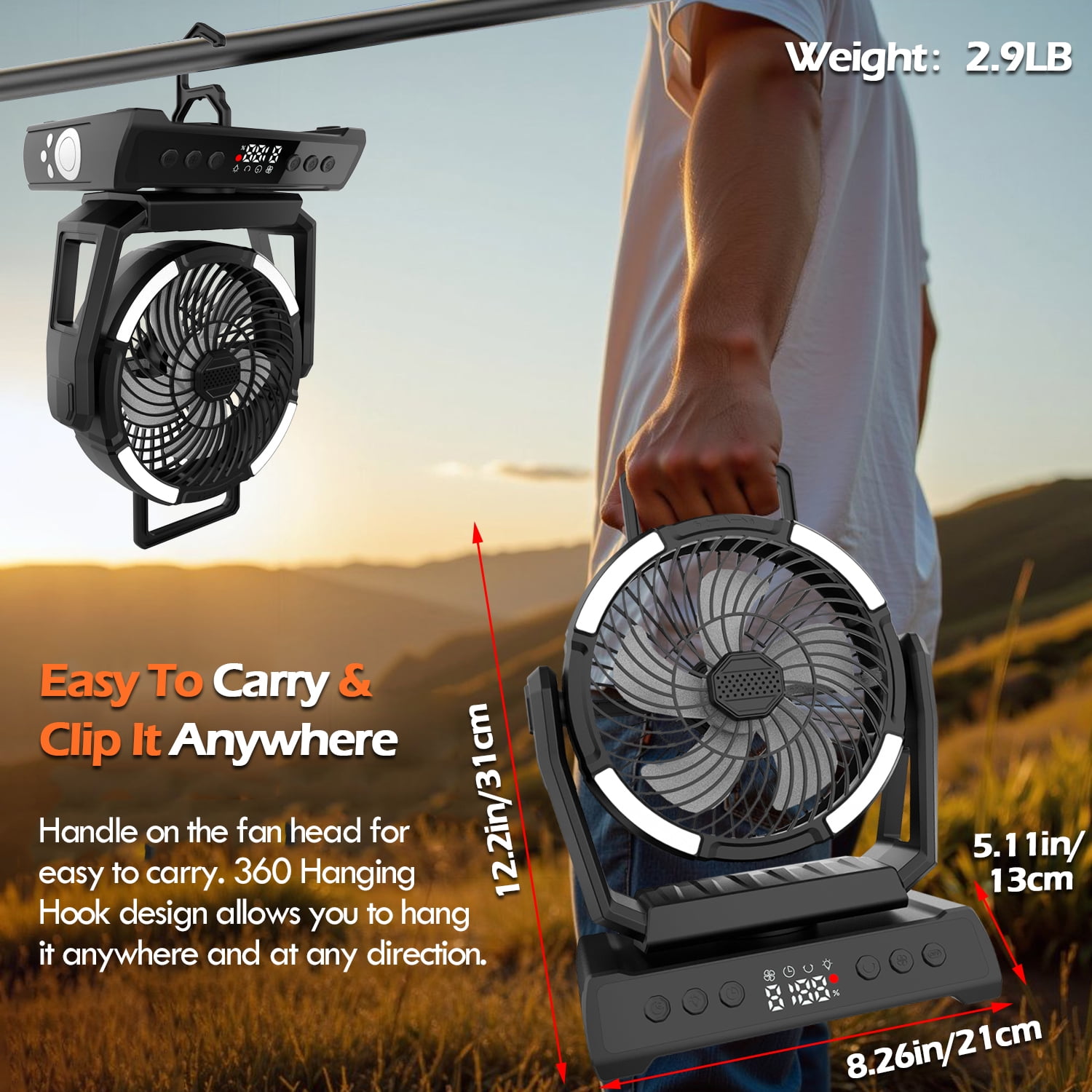 IC ICLOVER Camping Fan with LED Lantern Light, Rechargeable 20000mAh Battery Operated Portable Fan, Auto Oscillation Remote Control Timer Desk Fan for Tent, Travel, BBQ, Fishing, Black