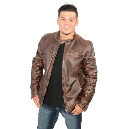 Milwaukee Leather Milwaukee Leather Mens Side Stitch Cafe Racer Brown Lambskin Leather Jacket - Small Brown