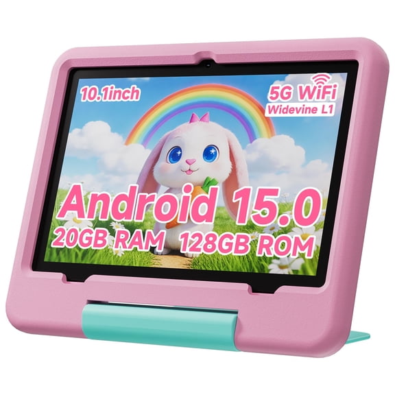 Tablet PEICHENG para Niños con Funda Protectora EVA, PC Infantil Android 15.0 de 10.1 Pulgadas RAM 20GB (4+16 Expandible) + ROM 128GB IPS 800 x 1280 Bluetooth 5.0 (Rosa)