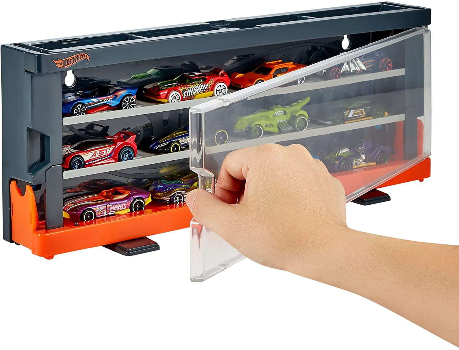 Hot Wheels Interactive Display Case with 8 Toy Cars & Storage for 12 Cars
